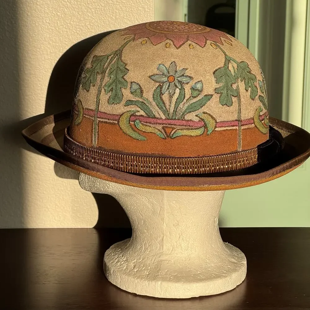 Rare OOAK Hand Painted Dorfman Pacific Bowler Hat Coachella Folk Art Boho Unisex